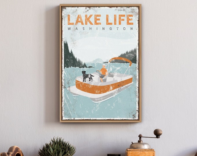 orange LAKE LIFE canvas • personalized PONTOON boat art for lake house decor • vintage farmhouse poster with Black Labrador {vpl}