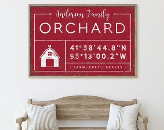 vintage ORCHARD NAME sign with coordinates, personalized last name canvas, custom coordinates with barn, vintage farmhouse decor {gdb}