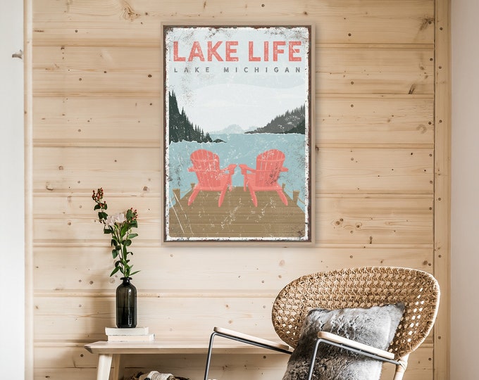 vintage LAKE LIFE sign with Adirondack Chairs, personalized Lake Michigan poster, lake dock with chairs sign, custom lake house wall art vpl