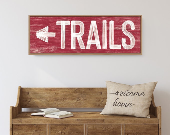 vintage hiking sign, dark red TRAILS cross country skiing art, faux weathered wood canvas for mountain lodge decor, ski house wall art {pwo}