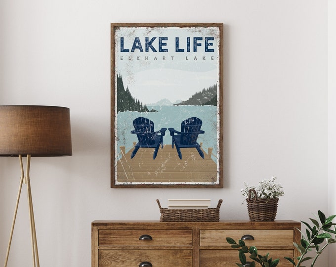 vintage ADIRONDACK CHAIRS SIGN, personalized Lake Life poster, lake dock with chairs sign, Elkhart Lake Wisconsin wall poster vpl