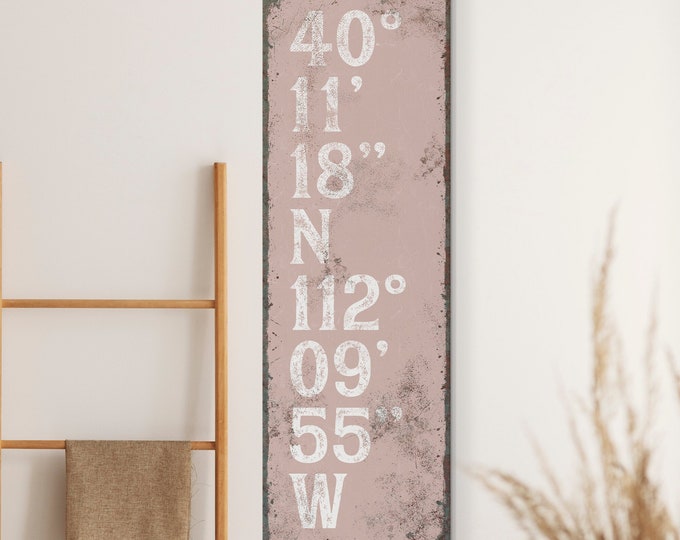 custom Shell Pink and White Coordinates Sign, Tall & Narrow Framed Canvas Art Print, Typography Wall Art for Modern Farmhouse Decor {tgb}