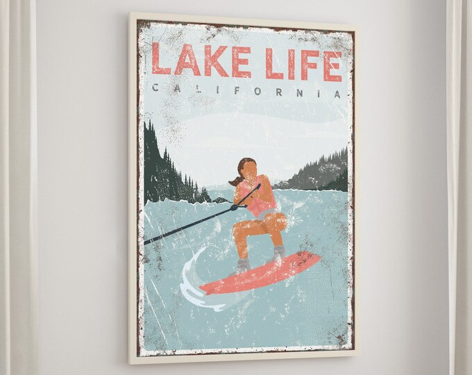 vintage LAKE LIFE sign > personalized wake boarding poster for CORAL lake house decor, wakeboard gift for him, Vintage Farmhouse art {vpl}