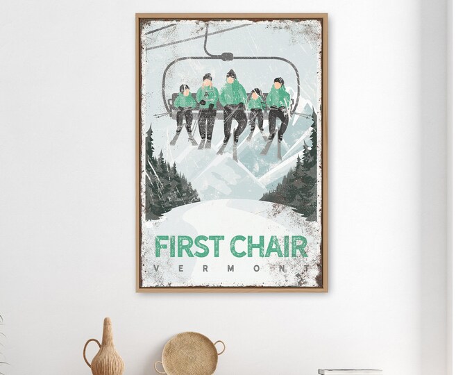 Personalized SKI Charlift Poster for Ski House Decor, Mint Green FIRST CHAIR Wall Art for Mountain Lodge, Family of Five, Ski Vermont {vph}