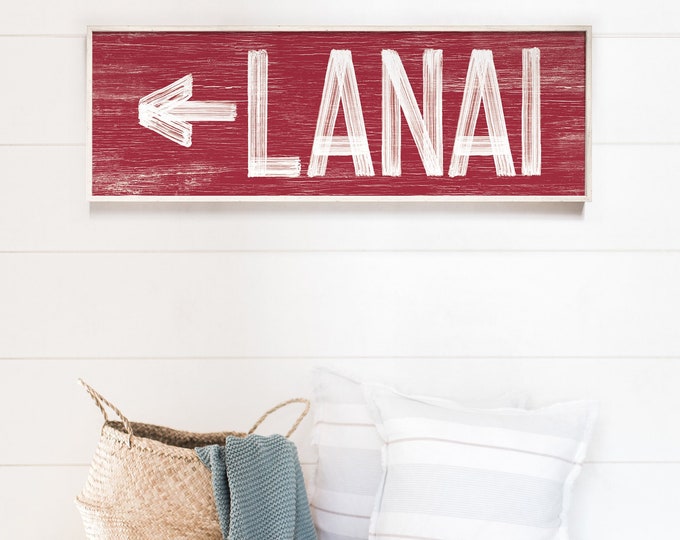 Large LANAI sign with arrow > vintage lanai directional art, dark red lanai sign, horizontal lanai sign {pwo} Active