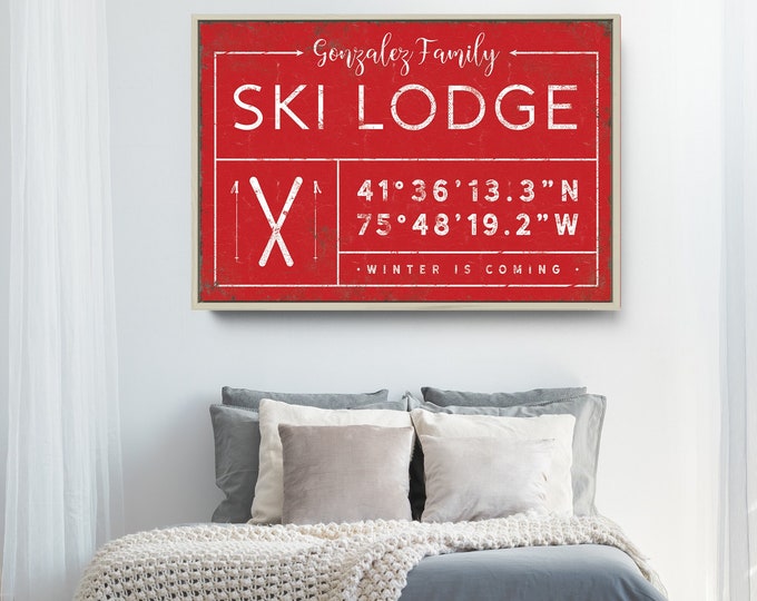 vintage SKI LODGE sign, personalized last name canvas, winter wall art, custom coordinates with ski mountain, winter is coming {gdb}