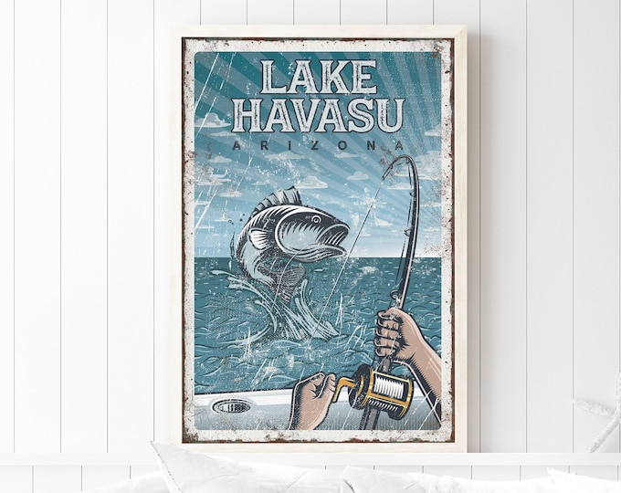 Lake Havasu bass fishing sign > personalized lake poster, largemouth bass fishing art print, custom lake sign for lakehouse decor {vpf}