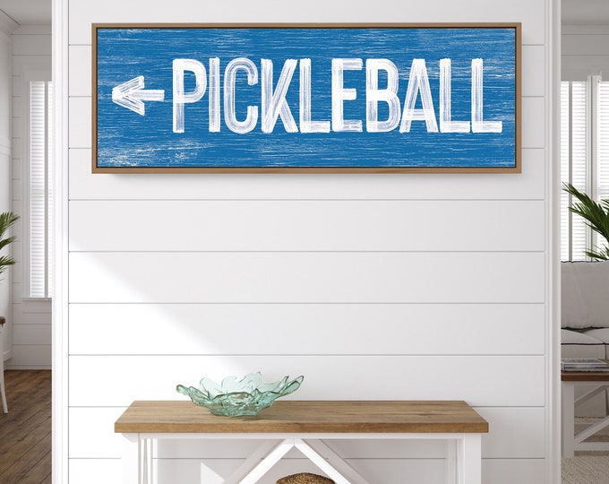 Large horizontal PICKLEBALL sign with arrow > vintage pickleball directional art, ocean blue pickleball sign, pickleball decor {pwo}