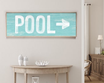 Large POOL sign with arrow, vintage pool directional art, aqua blue pool print for above couch, pool sign for lanai or outdoor patio {pwo}