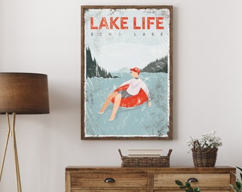 vintage LAKE LIFE sign > personalized lake house decor, custom tubing poster, sunbathing print for farmhouse (Echo Lake) {vpl}