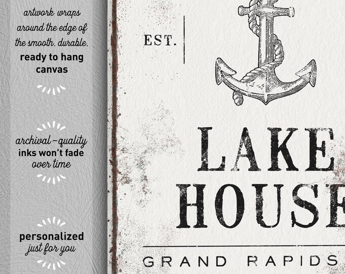 vintage nautical sign for LAKE HOUSE decor > distressed lakehouse sign, retro anchor wall art, sturdy lightweight canvas print {vow}