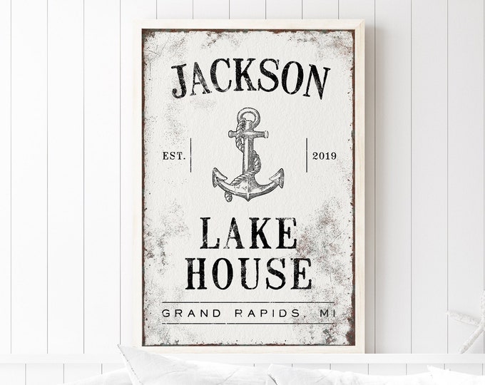 vintage nautical sign for LAKE HOUSE decor > distressed lakehouse sign, retro anchor wall art, sturdy lightweight canvas print {vow}