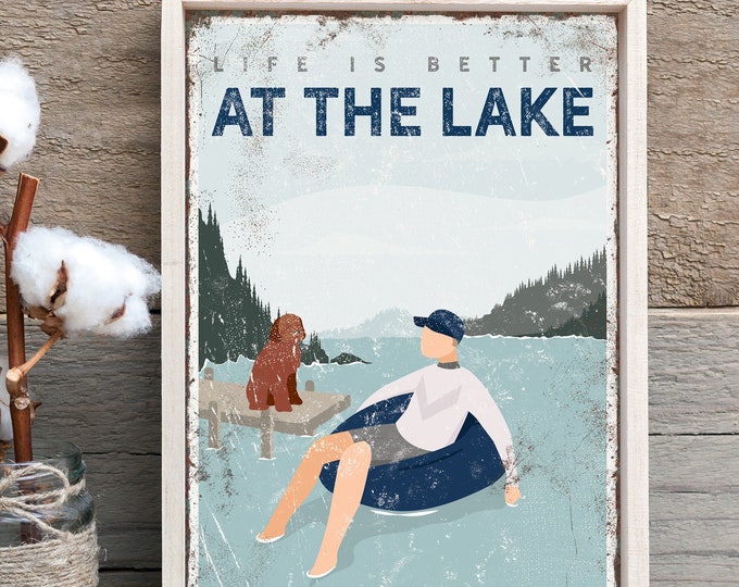 vintage AT THE LAKE sign, personalized tubing poster with goldendoodle dog on a dock, life is better at the lake, farmhouse home decor {vpl}