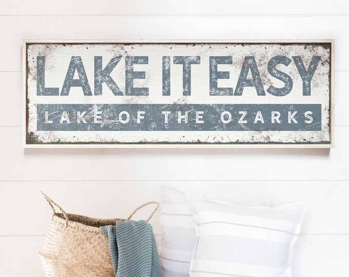 personalized LAKE IT EASY sign • Lake of the Ozarks canvas • harbor blue coastal wall art • lake house decor • personalized lake gift