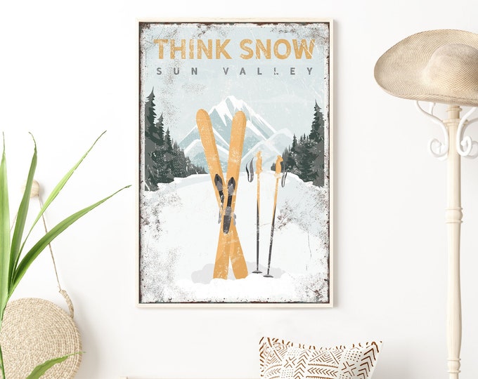 vintage THINK SNOW Poster, Custom Ski Mountain Wall Art, Ski Gift for Boyfriend, Yellow Ski House Decor, Vintage Sun Valley Ski Art {vpw}