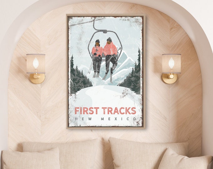 FIRST TRACKS Ski poster for ski house decor, personalized mountain lodge wall art, custom ski decor sign on canvas, New Mexico Ski Art {vph}