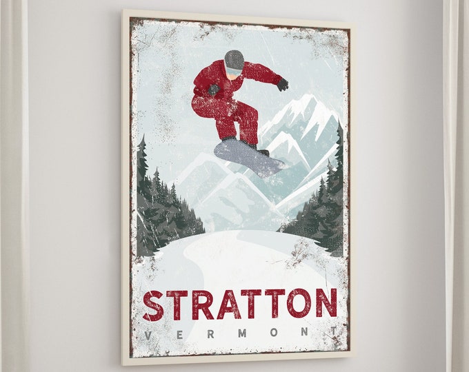 vintage SNOWBOARD jump poster, Stratton Vermont ski sign, distressed winter mountain wall art, custom retro ski house decor {vph}