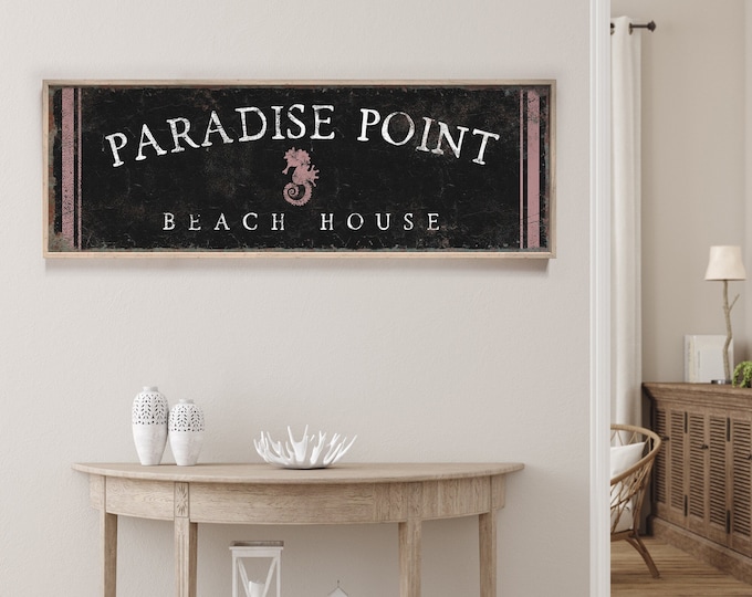 vintage BEACH HOUSE canvas with curved text, sign that says paradise point, custom beach signs, purple on black wall decor {ctb}