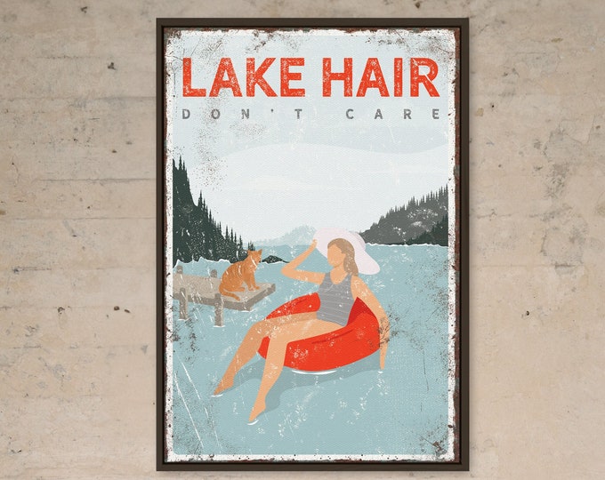 red LAKE HAIR sign, personalized tubing poster, vintage lake decor with cat on a dock, vintage lake hair dont care, gift for cat lover {vpl}