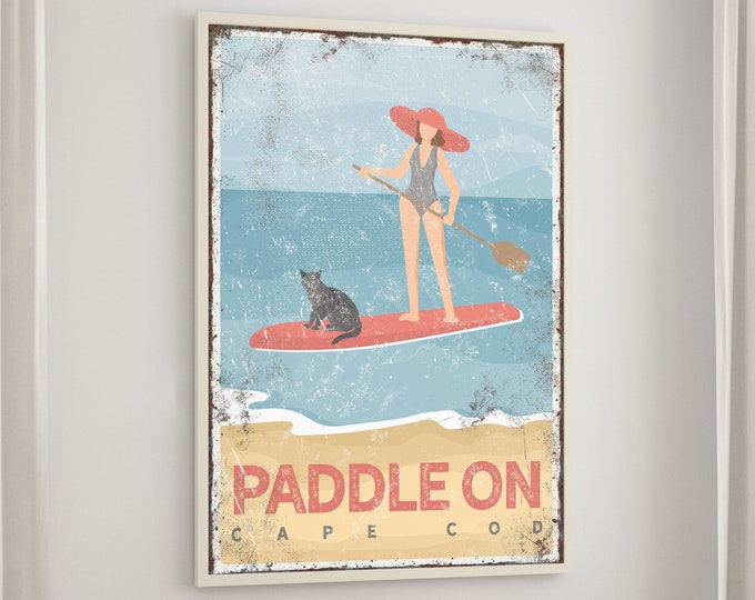 vintage PADDLEBOARD sign, retro PADDLE ON poster, woman paddleboarding poster with cat, Cape Cod beach wall art, gift for cat lover {vpb}