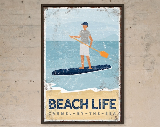 navy BEACH LIFE SIGN, vintage paddle board art, for beach house decor, personalized paddle boarding canvas, carmel by the sea wall art {vpb}