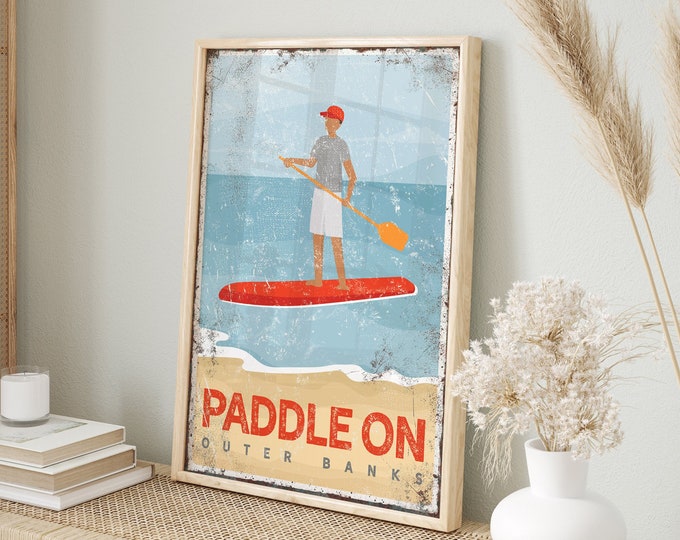 red PADDLE ON SIGN, vintage paddleboard art, for beach house decor, personalized paddleboarding canvas, outer banks north carolina art {vpb}