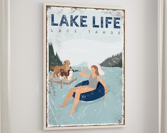 navy LAKE LIFE sign, personalized tubing poster, vintage Lake Tahoe print with dogs, golden retriever and shih tzu, gift for dog lover {vpl}