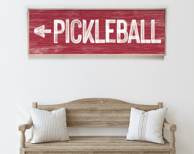 Vintage PICKLEBALL sign for above door, dark red pickleball sign with left arrow, faux distressed wood art, pickleball decor {pww}