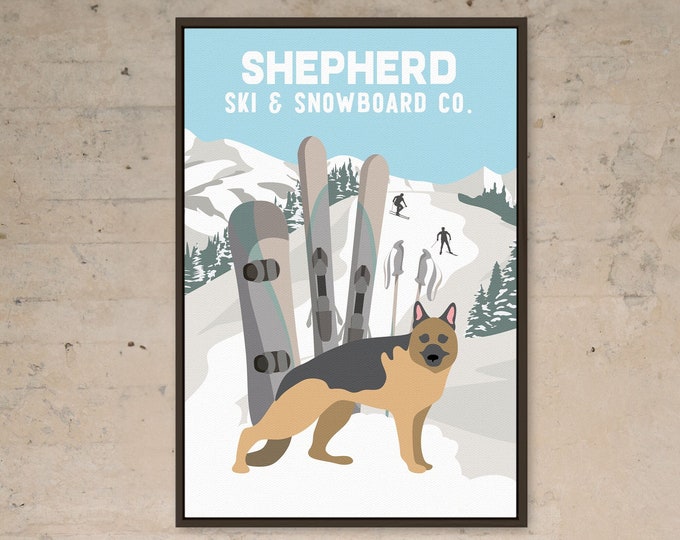 vintage SKI POSTER with custom text and dogs, retro dog ski sign with German Shepherd, choose from many dogs, unique gift for dog lovers