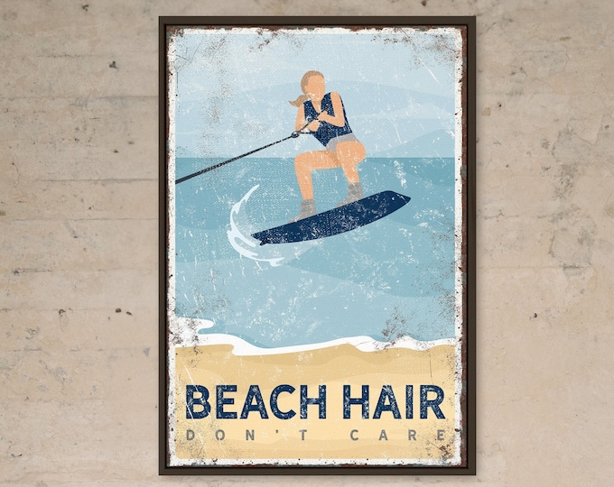 navy BEACH HAIR sign, personalized wake boarding poster for vintage navy beach house decor and wall art, wakeboard gift for her {vpb}