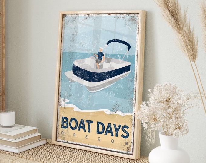 personalized BOAT DAYS sign with navy accent, vintage pontoon boat poster, personalized beach house canvas prints, beach house decor {vpb}