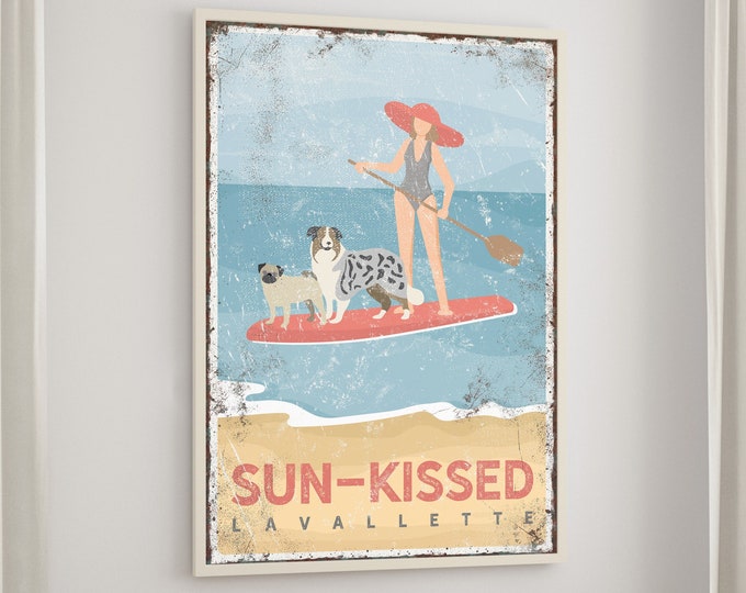 vintage BEACH PADDLEBOARD SIGN with dogs, Pug and Australian Shepherd shown, custom beach house wall art, Lavalette New Jersey {vpb}