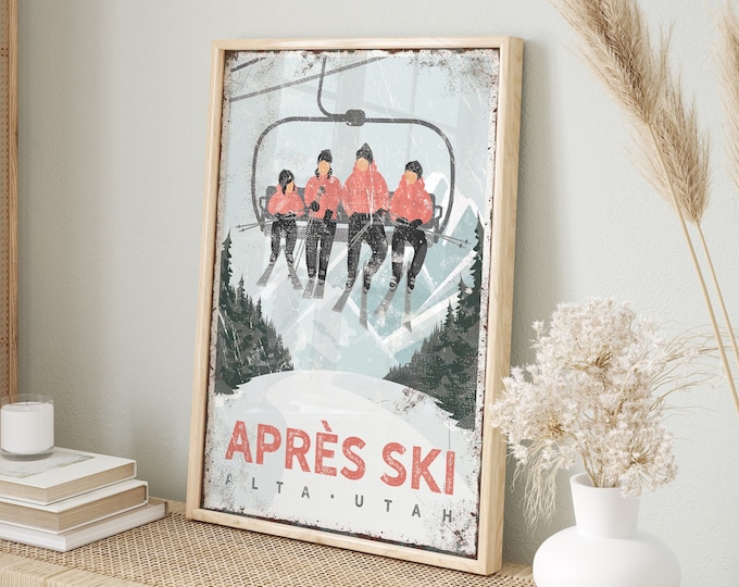 Vintage APRES SKI Poster, Personalized Four Person Ski Lift Art, Retro Ski House Decor, Alta Utah Ski Sign, Mountain Lodge Wall Art {vph}