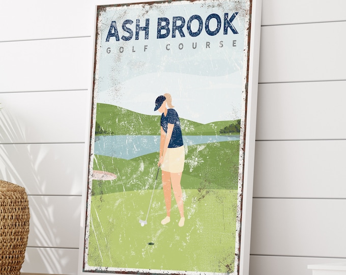 Custom GOLF gift for Mom, personalized golf wall art, navy golf canvas print, Ash Brook golf sign, golf putting green, female golfer {vpg}