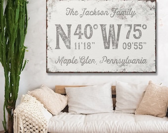 distressed COORDINATES sign, taupe gray last name canvas, personalized longitude latitude GPS art print for rustic farmhouse decor {gpw}