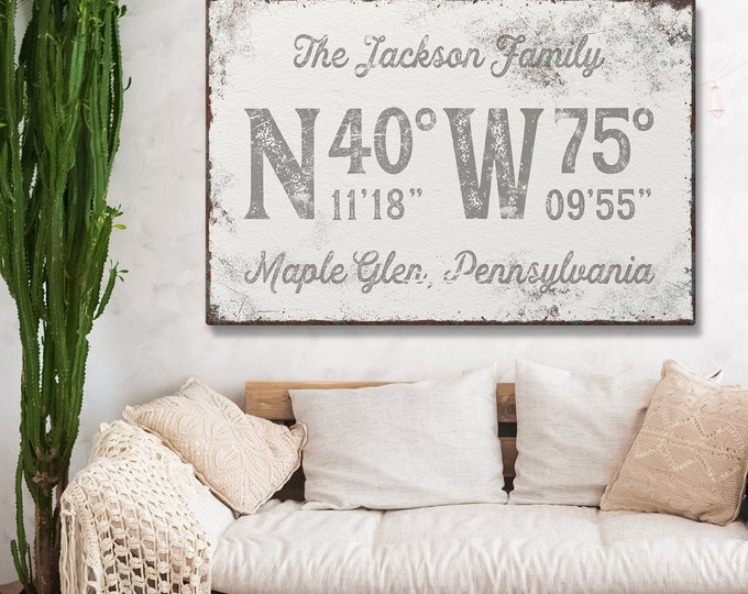distressed COORDINATES sign, taupe gray last name canvas, personalized longitude latitude GPS art print for rustic farmhouse decor {gpw}
