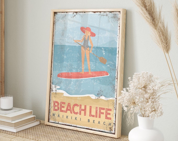 vintage PADDLEBOARD SIGN, retro paddleboard art, coral beach life decor, personalized paddleboarding canvas print, Waikiki Beach sign {vpb}