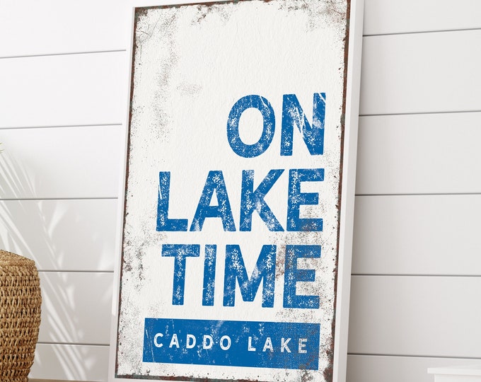 blue "ON LAKE TIME" sign > vintage Caddo Lake wall art for bright blue lake house decor, xl framed canvas, ocean blue lake home sign {brw}