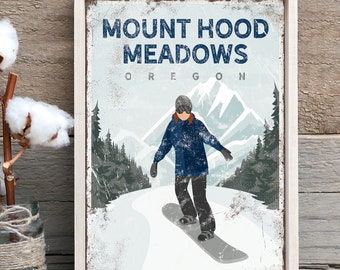 vintage snowboard poster > custom canvas print, gift for female snowboarder, retro mountain house decor wall art (Mount Hood Meadows) {vpw}