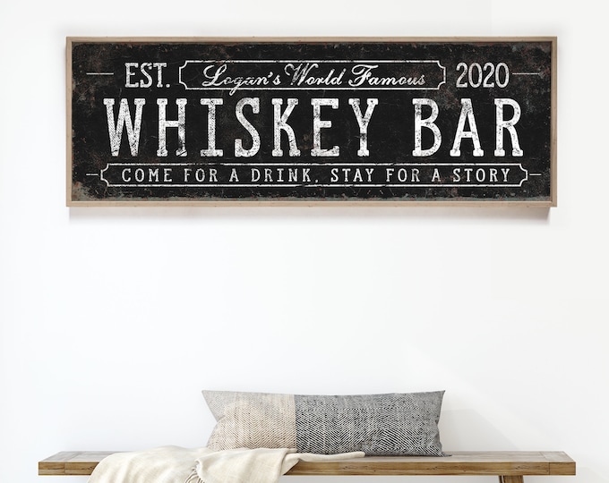 black WHISKEY BAR sign • vintage personalized farmhouse decor • home bar cart wall art gift • large faux metal print canvas {svb}