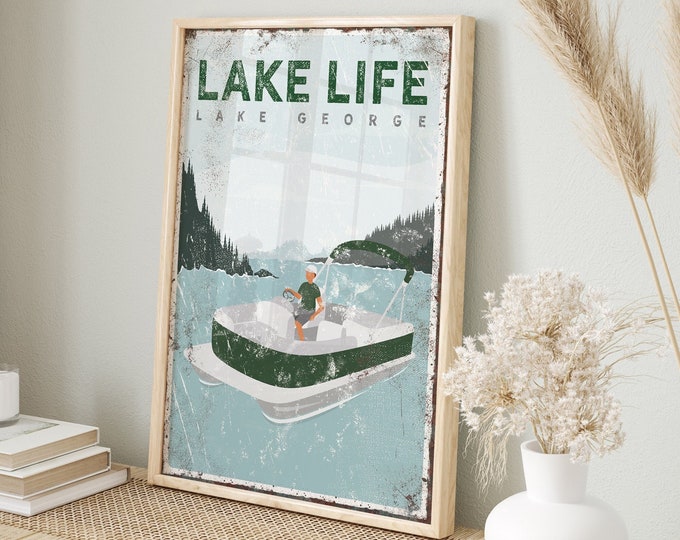 vintage LAKE LIFE sign with pontoon boat, retro Lake George wall art, can be personalized, for lake house decor, green farmhouse art {vpl}