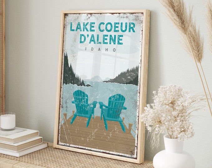 vintage lake poster with teal adirondack chairs, personalized lake canvas print, retro Lake Coeur D'Alene Idaho sign, custom lake decor vpl