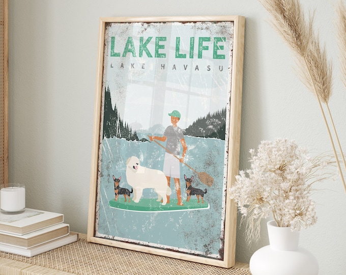 custom lake life sign, man paddleboarding with three dogs, bernese mountain dog and chihuahuas shown, vintage lake havasu poster {vpl}