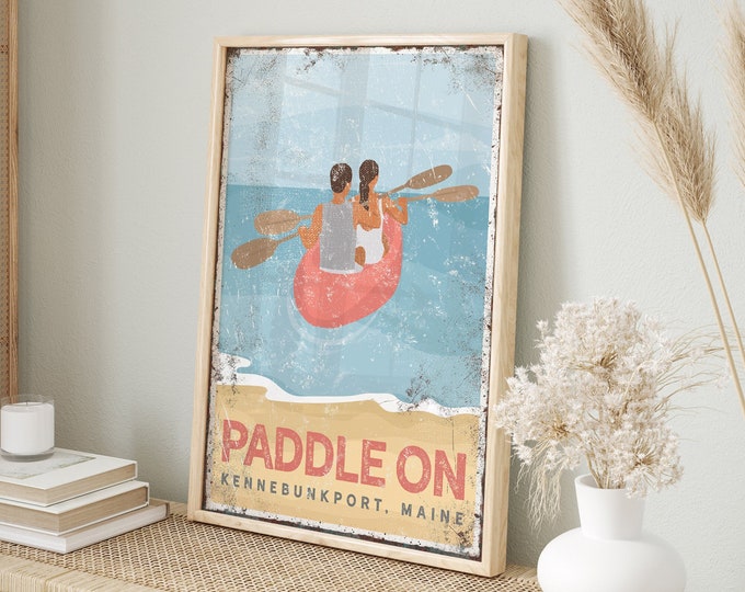 vintage beach KAYAK sign, retro PADDLE ON poster, couple kayaking on the ocean, Kennebunk Port Maine canvas print, fun gift for couple {vpb}