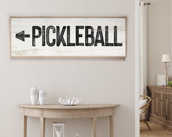 Large PICKLEBALL sign with arrow > vintage pickleball directional art, white and black pickleball sign, horizontal pickleball sign {pwo}