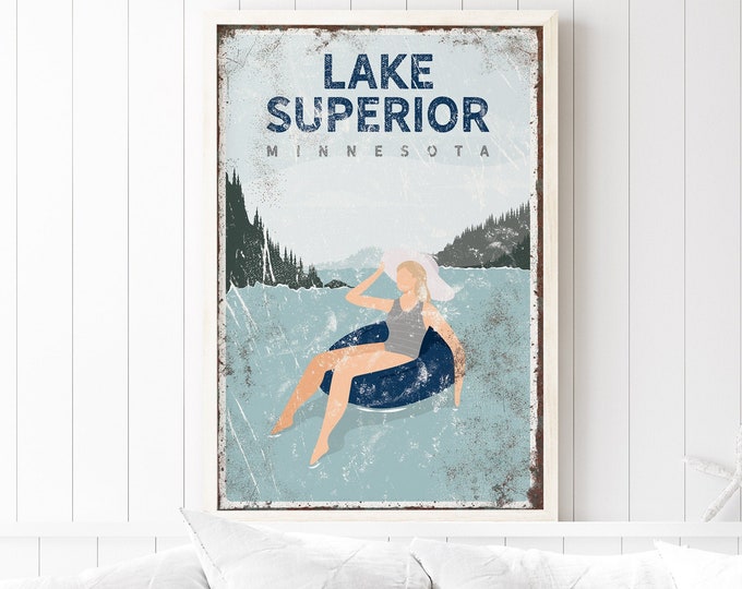 vintage Lake Superior sign > custom coastal art print, vintage tubing poster, navy blue lake house decor, relaxed lake life {VPL}