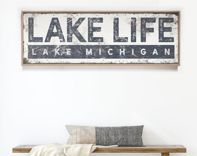 hale Lake Michigan sign • nautical LAKE LIFE canvas • navy blue lake house decor • personalized lake gift for Dad