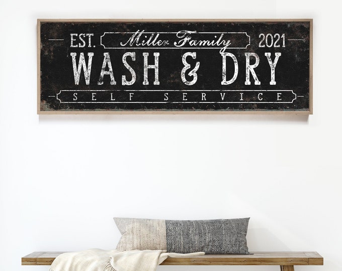 black WASH & DRY sign • personalized rustic laundry room decor • custom farmhouse wall art canvas • extra large faux metal print {svb}