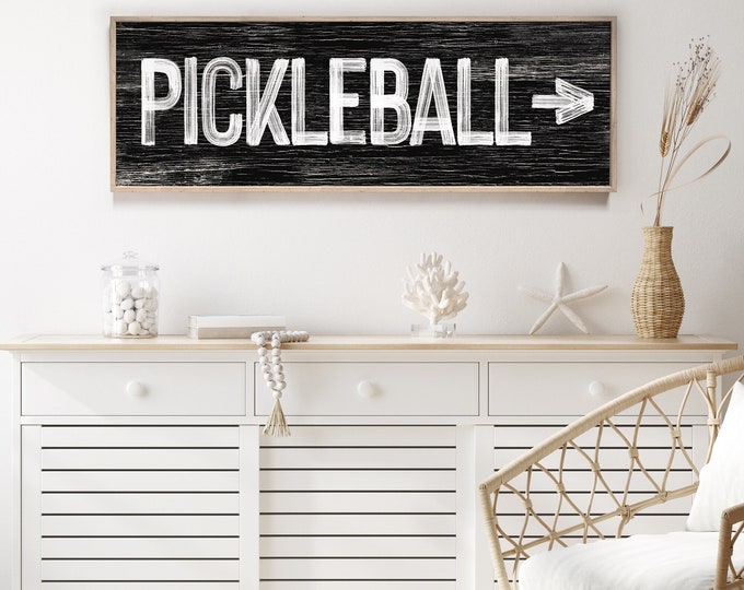 Large horizontal PICKLEBALL sign with arrow > vintage pickleball directional art, black and white pickleball sign, pickleball decor {pwo}