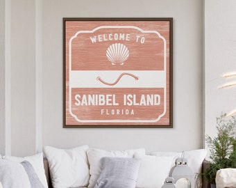 Retro Coral BEACH BADGE Sign, Sanibel Island Florida, Can be Personalized, Seashell Icon, Gift for Florida Lanai, Custom Beach Gift for Mom